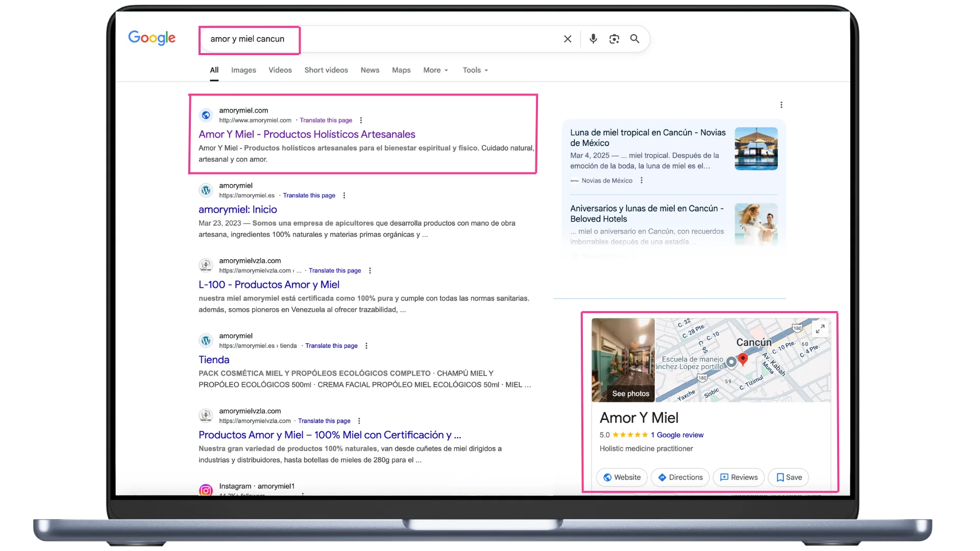 Captura real de Google mostrando un cliente posicionado #1 en los resultados locales y en Google Maps con Perfil de Negocio completo