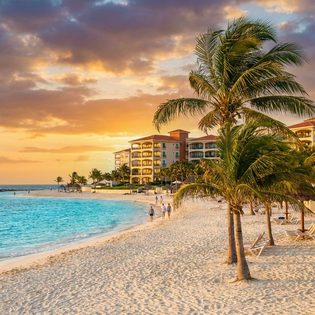 Stunning Cancún beach at sunset with luxury resort condominiums and palm trees — a top destination for real estate investment in Mexico