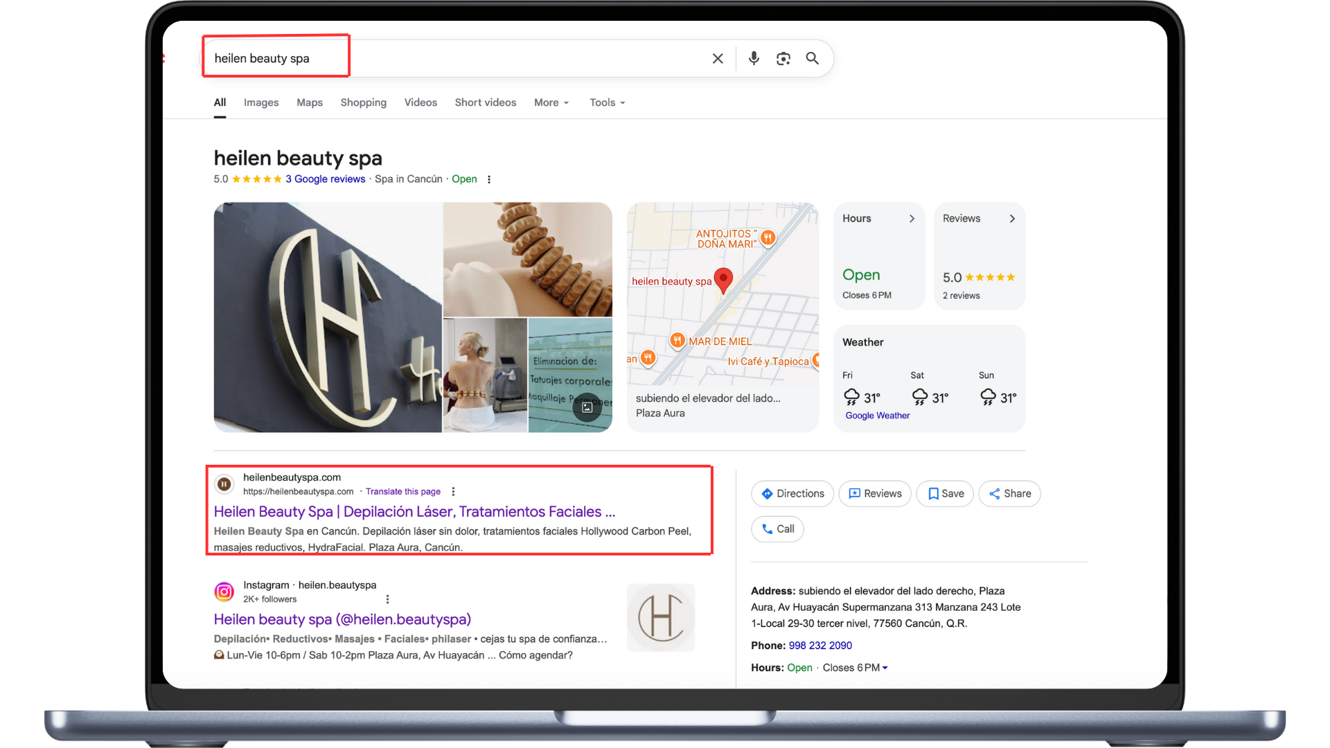 Resultado real de un Perfil de Negocio de Google correctamente optimizado, cliente de JegoDigital ranqueado #1 con 5 estrellas y horarios visibles