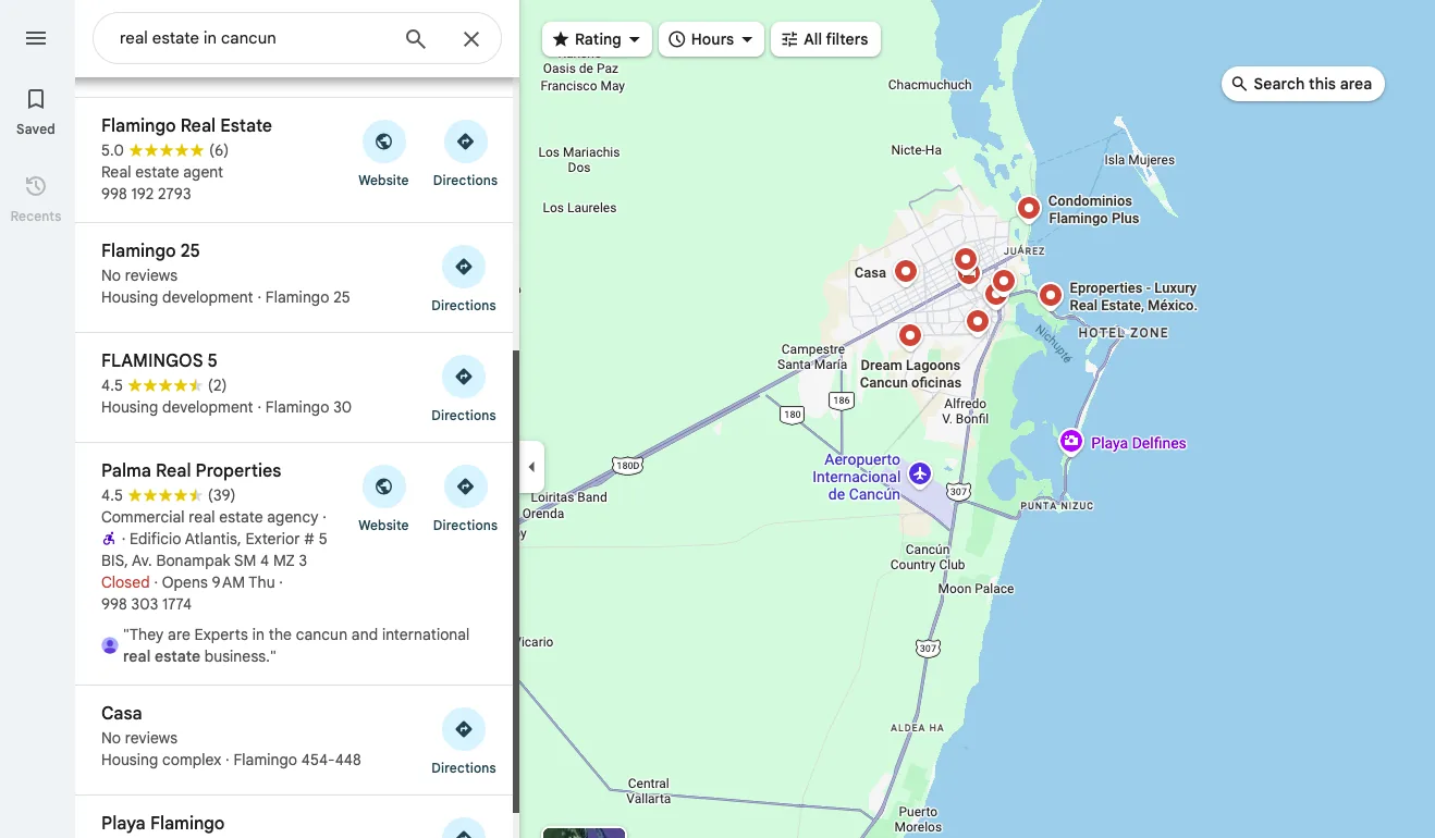Perfil de Google Maps de Flamingo Real Estate posicionado en primer lugar para inmobiliaria en Cancún