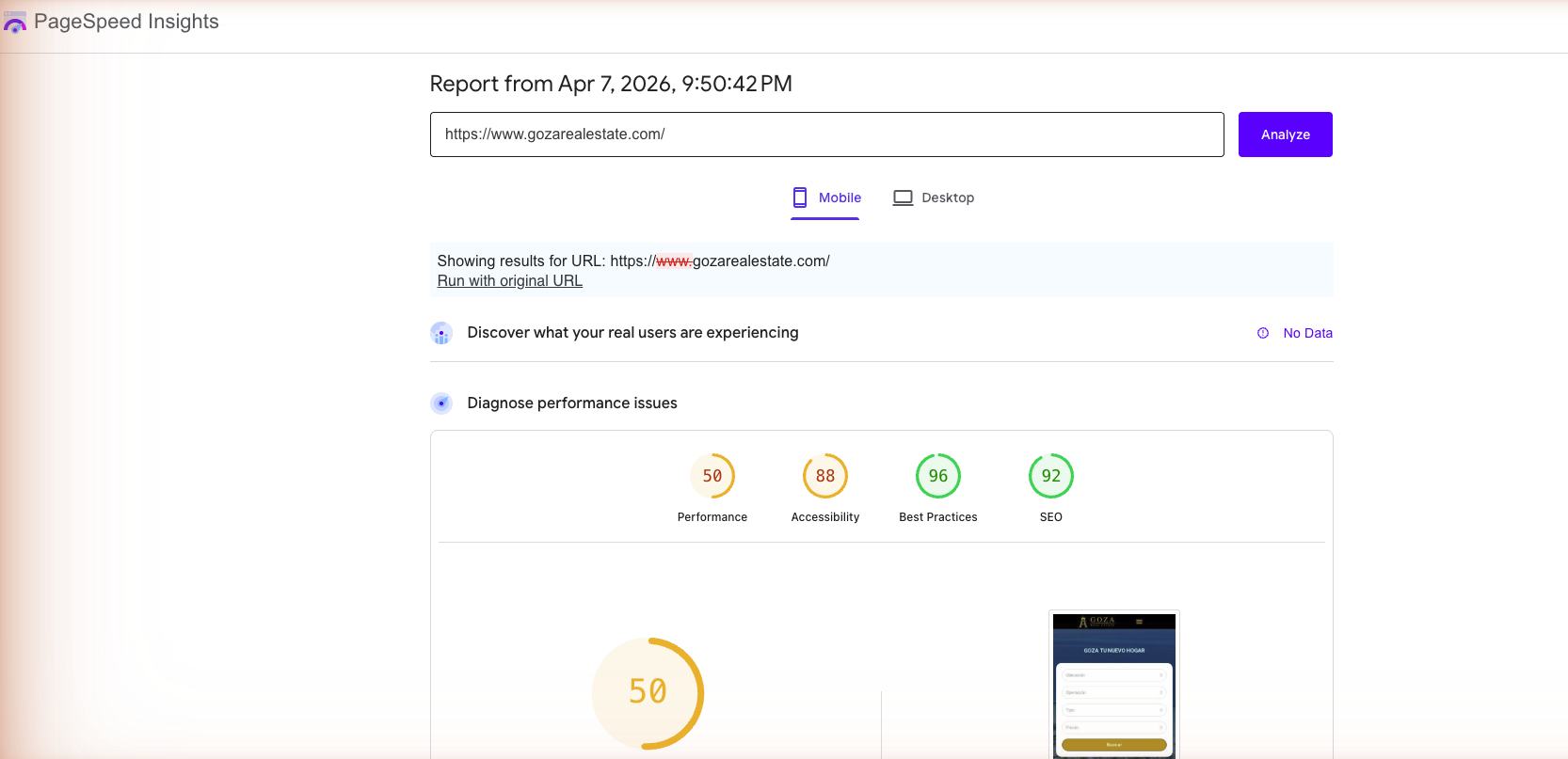 Goza Real Estate PageSpeed Score 98, resultado de optimización técnica SEO