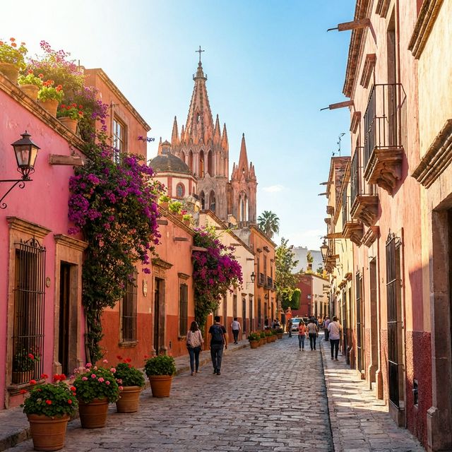 Colorful colonial streets of San Miguel de Allende Mexico with pink facades, bougainvillea flowers, cobblestone streets, and the iconic Parroquia church — top expat destination for real estate investment