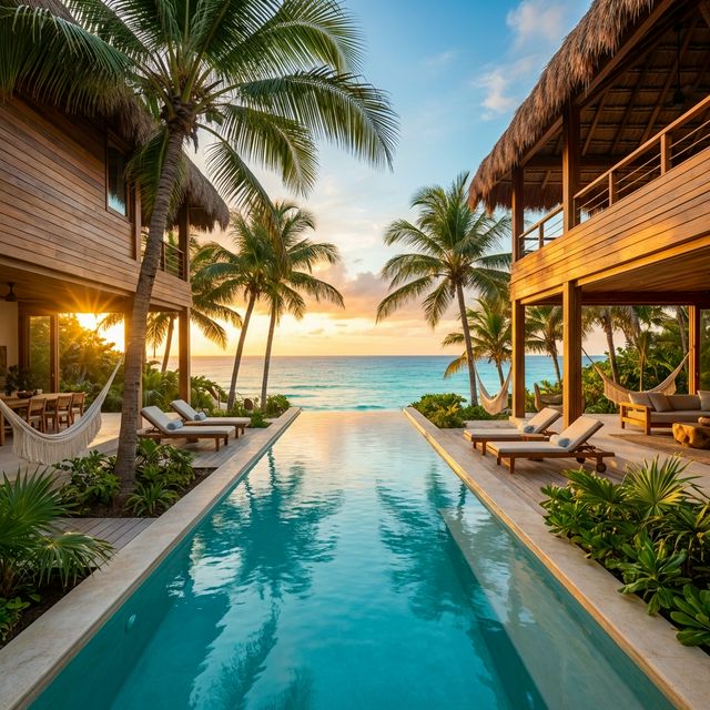 Luxury infinity pool at a private villa in Tulum Mexico overlooking the Caribbean Sea at sunset with palm trees and eco-luxury wooden architecture — premium vacation rental investment property