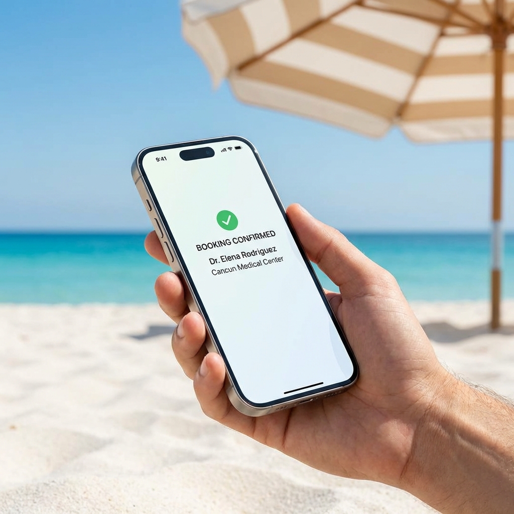 Turista reservando cita medica en la playa Cancun