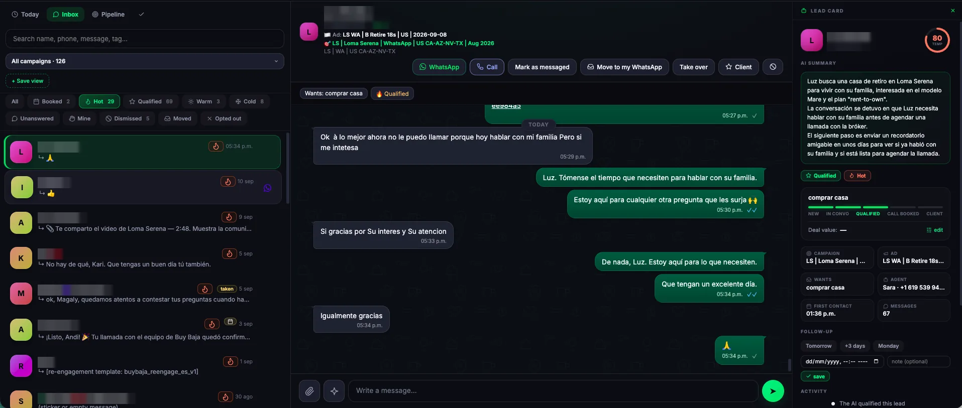 Buy Baja panel: Sara, the WhatsApp AI agent, working Loma Serena buyers. Lead names and phone numbers hidden for privacy.