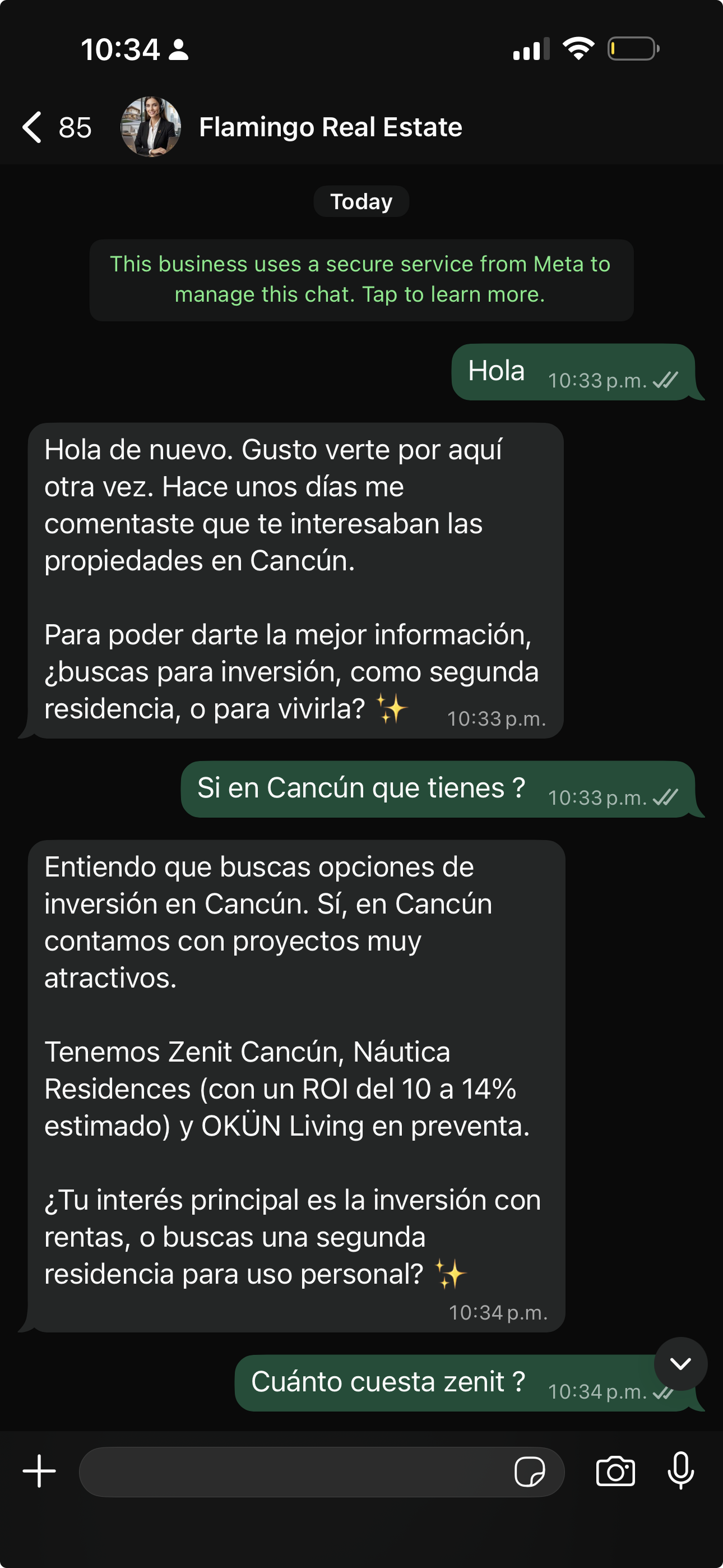 Conversación real de WhatsApp donde un agente de inteligencia artificial llamado Sofia califica un lead inmobiliario en menos de 30 segundos