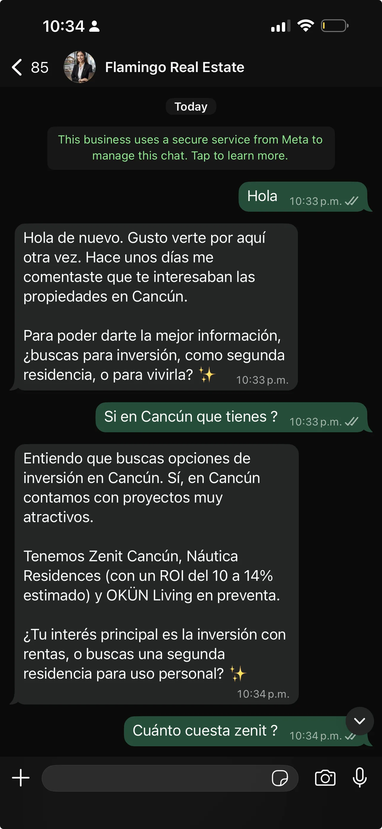 Conversación real de WhatsApp donde un agente de inteligencia artificial llamado Sofia califica un lead inmobiliario en menos de 30 segundos