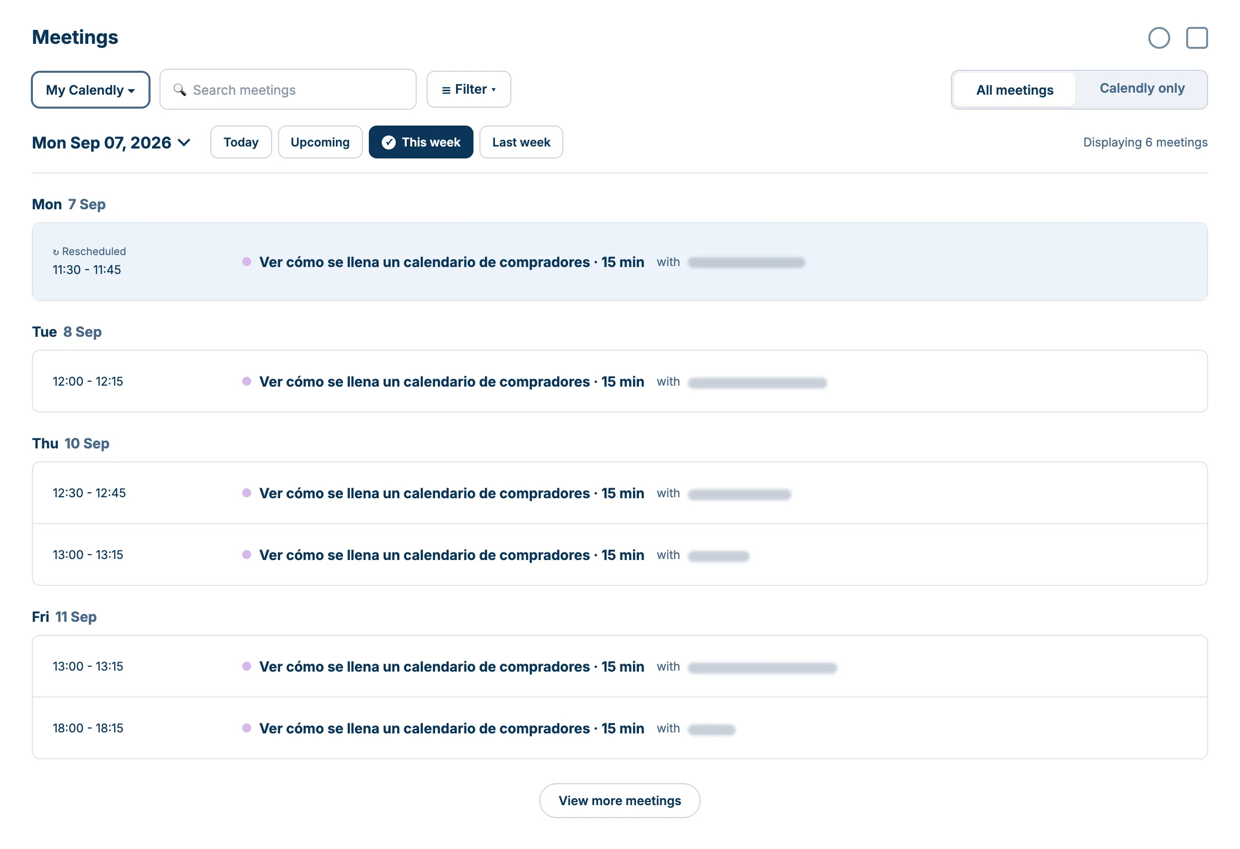 Calendly de JegoDigital, semana del 7 al 11 de septiembre de 2026: seis citas de 15 minutos agendadas desde WhatsApp por el asistente. Nombres ocultos.