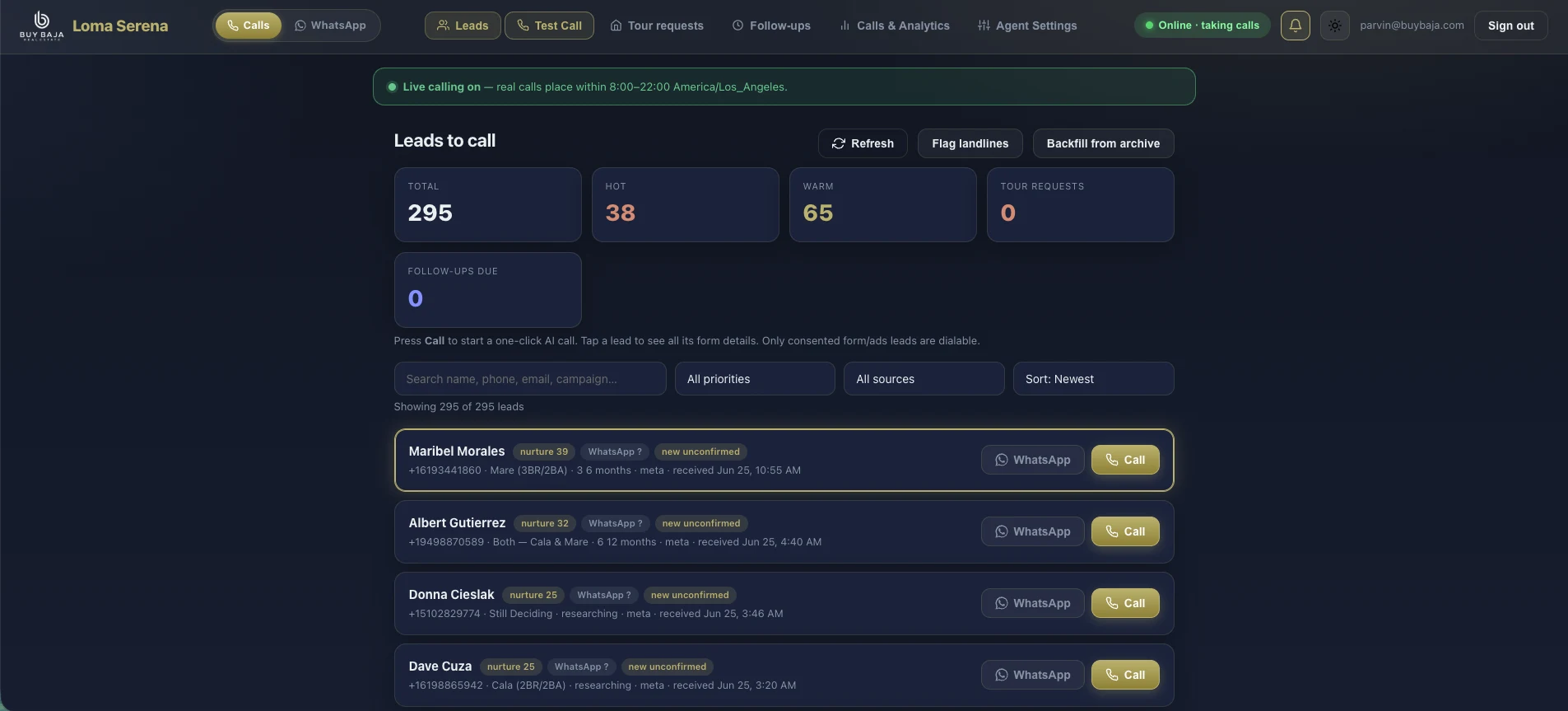 Loma Serena AI call center dashboard — every lead worked automatically 24/7