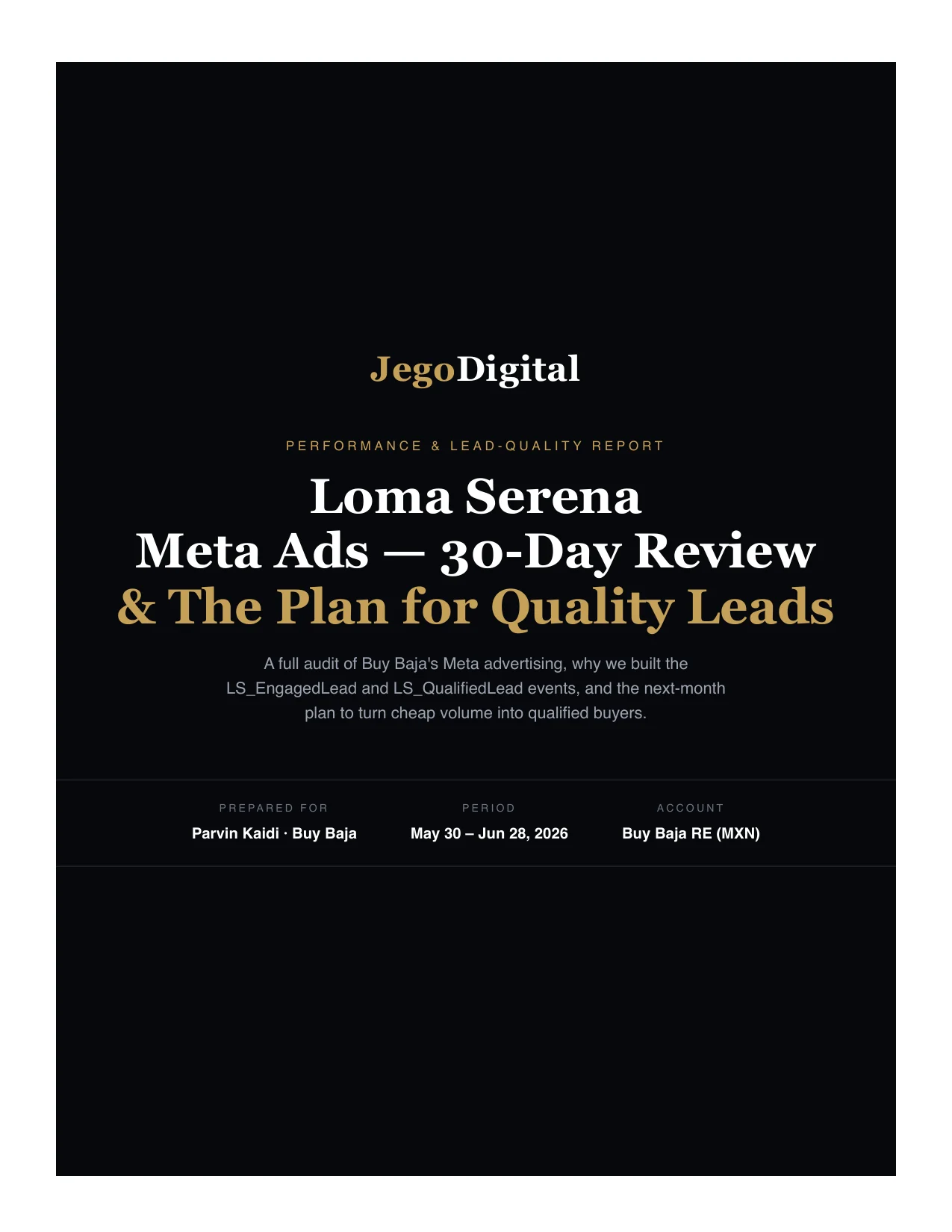 Portada del reporte mensual de Meta Ads de JegoDigital para Loma Serena
