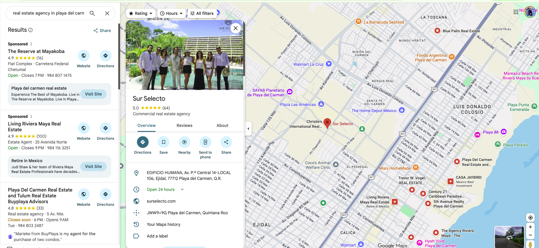 Captura de Google Maps mostrando Sur Selecto con 5.0 estrellas y 10+ páginas indexadas para búsquedas inmobiliarias de lujo en Playa del Carmen
