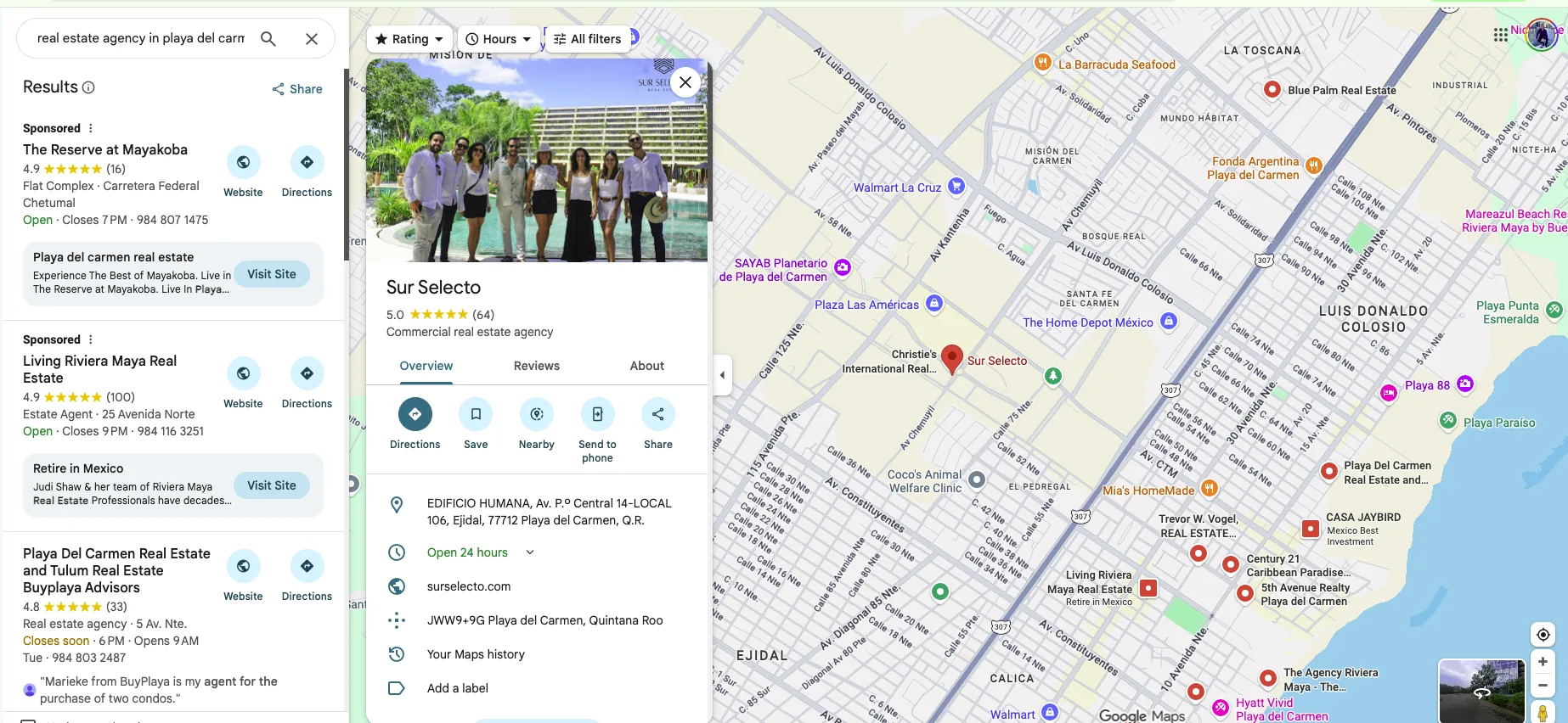 Captura de Google Maps mostrando Sur Selecto con 5.0 estrellas y 10+ páginas indexadas para búsquedas inmobiliarias de lujo en Playa del Carmen